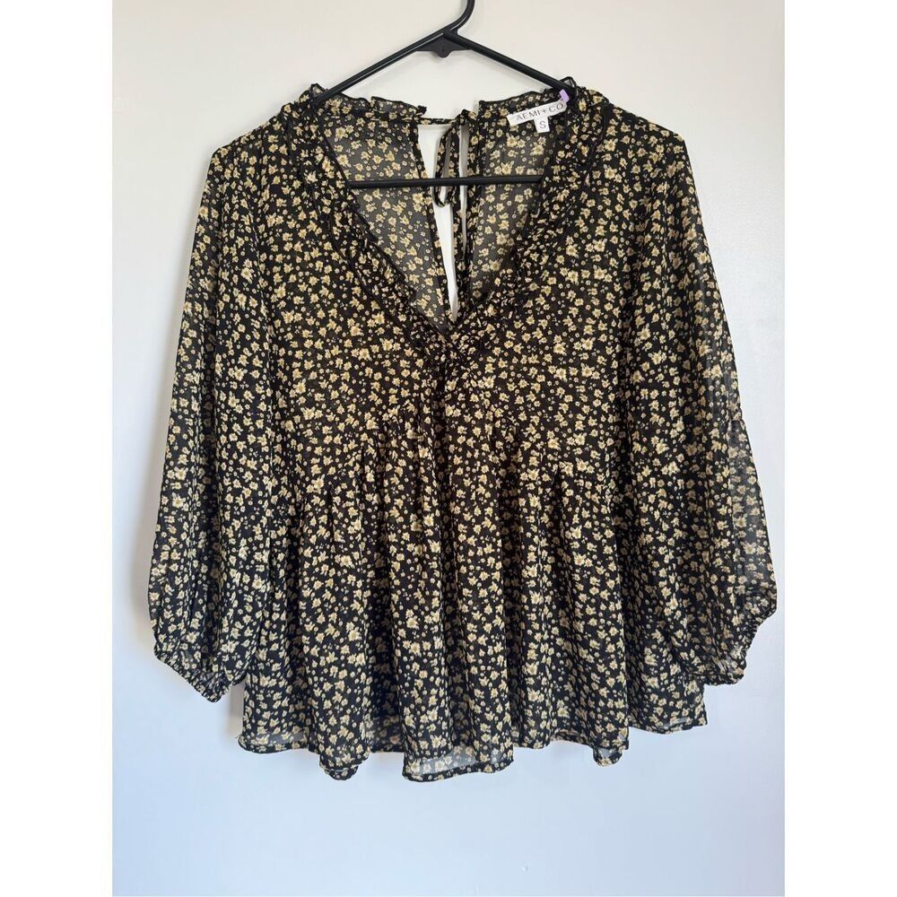 Aemi+Co Womens Black Floral Ruffled Puffy Sheer Babydoll Blouse sz S Boho Dainty - Picture 2 of 6